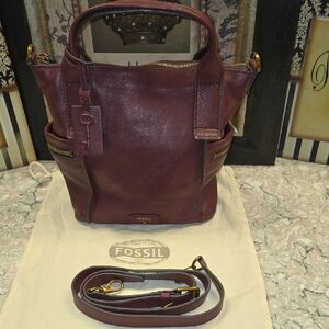 NWOT- Fossil Maroon Color Leather Handbag W/ X-body Strap Brass Tone Hardware